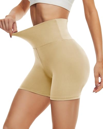 DDOBB Radlerhose Damen Kurze Shorts Sporthose Leggings Blickdicht High Waist Elastisch Unterhosen Fitness Hotpants Sommer Boxershorts(Beige,S-M)