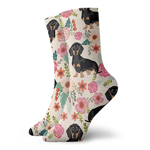 GCDD Kurze Socken für Herren und Damen, 30 cm, Motiv: Dackel, Hund und Blumen, Retro-Socken für Laufen, Fitness, Geschenke, Schwarz, Einheitsgröße