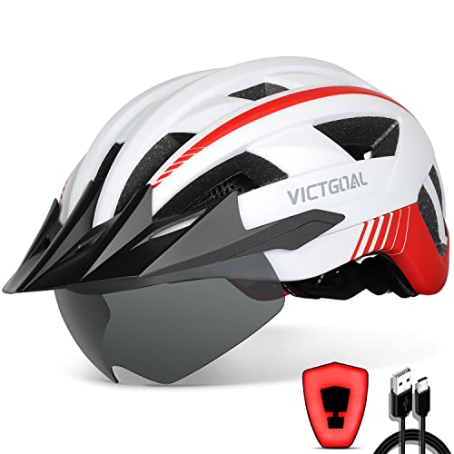 VICTGOAL Fahrradhelm Herren Damen MTB Helm mit Abnehmbarer Magnetische Schutzbrille Visier Atmungsaktiv mit 21 Belüftungskanäle Radhelm Einstellbare Fahrradhelme (L: 57-61cm, Weiß)