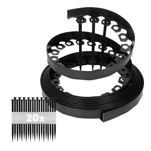 GARDENIX Flexible Rasenkante Kunststoff - Wetterbeständige Rasenabgrenzung Beeteinfassung Rund - Blumenbeet Umrandung - Schwarz, 10 m, 20 Erdanker, 10 cm Höhe für Gärten und Mähroboter