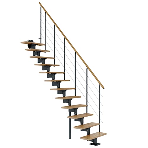 DOLLE Mittelholmtreppe - 11 Stufen - Geschosshöhe 228 – 300 cm - Geradelaufend - Stufen Eiche, lackiert - Unterkonstruktion: Anthrazit (RAL 7016) - volle Stufen 70 cm - inkl. Geländer - Nebentreppe