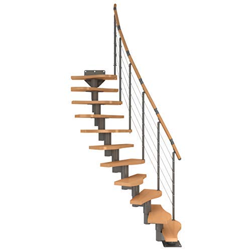 Raumspartreppe mit Designgeländer, Geschosshöhe von 222 bis 276 cm, Stufen: Buche, Unterkonstruktion Mittelgrau-metallic