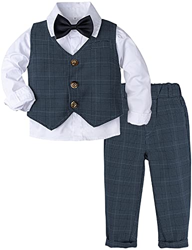 mintgreen Baby Anzug Junge, 3 Stück Gestreift Outfit Hochzeit Gentleman Kleiderset Lange Ärmel Hemd + Weste + Hosen + Krawatte, Marine, 2-3 Jahre, 100