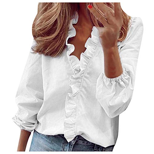 Bluse Damen Tshirt Damen Sommer Langarm Blusen T-Shirt Loose Oversize Shirt Einfarbig Casual Vintage 3D Bedruckt Asymmetrisch Oberteile Top mit Motiv Rüschen V-Ausschnitt Blumendruck T Shirt