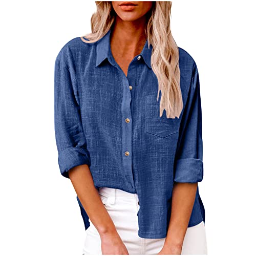Damen Leinen Hemd Elegant mit Knopfleiste Tasche Sommer Oversized Kurzarm Blusen Langärmeliges Shirt Oberteile Reverskragen Elegant Shirts Bluse Oberteile Einfarbig Basic Unterhemd Top