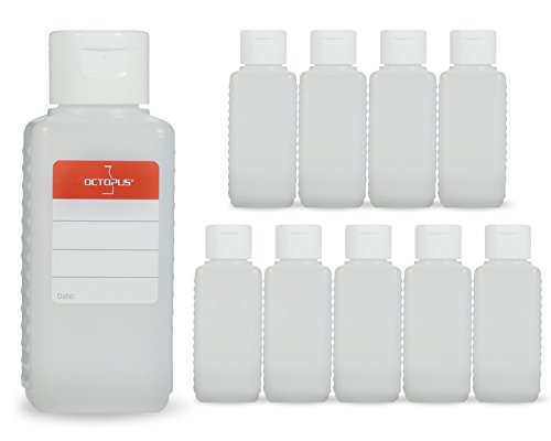 Octopus 10x 100 ml Kunststoffflaschen mit weissem Klappverschluss, Plastikflaschen mit Klappspritzverschluss, Leerflaschen aus HDPE mit Scharnierverschluss, inkl. Beschriftungsetiketten