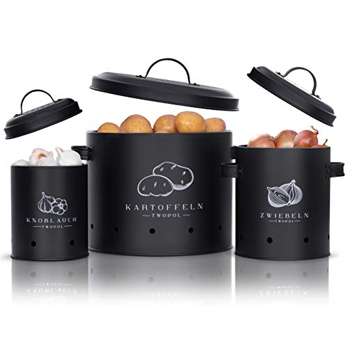 TWOPOL® Kartoffel Aufbewahrungsbox [3er Set]-mit 360°Luftzirkulation hält Gemüse länger frisch-der ideale Weg für Zwiebel Aufbewahrung Kartoffel Aufbewahrung und Knoblauch Aufbewahrung (Schwarz)