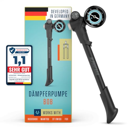 Alphatrail Dämpferpumpe Bob - Für alle Luftdämpfer und -gabeln 300 PSI / 20,7 Bar Maximaldruck 2-Stufen-Ventil I Druckablassknopf I Großes Manometer (Ø40mm) I Federgabelpumpe für RockShox, Fox UVM