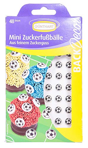 Günthart BackDecor | 48 Mini Zucker Fußbälle | Zucker Fußball aus feinem Zuckerguß | Soccer | Sport Party Deko | schwarz | weiß | 1er Pack (1 x 8 g)