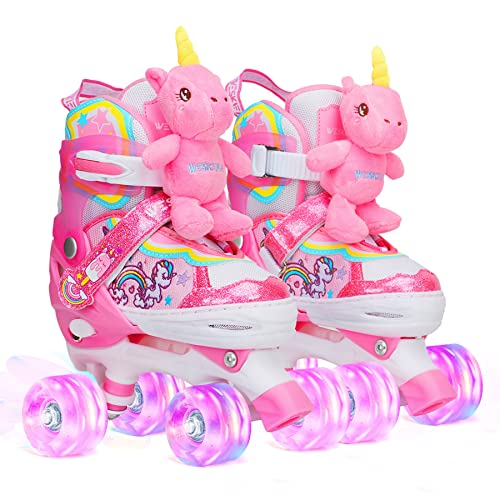 Kinder Einhorn-Puppe Rollschuhe für Mädchen 4 Größen Verstellbar Mit Leuchtenden Rädern Quad Roller Skates für Anfänger Weihnachts und Geburtstags Geschenke
