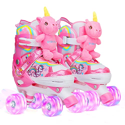 Kinder Einhorn-Puppe Rollschuhe für Mädchen 4 Größen Verstellbar Mit Leuchtenden Rädern Quad Roller Skates für Anfänger Weihnachts und Geburtstags Geschenke