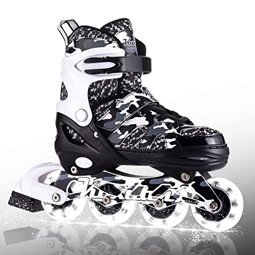 Kuxuan Boys Camo Schwarz & Silber Verstellbare Inline-Skates mit Leuchtenden Rädern, Lustiges Beleuchtendes Rollerblading für Kinder Mädchen Jugend - Klein (28-31 EU)
