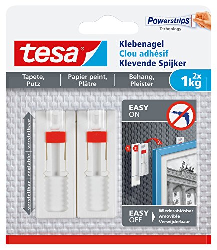 tesa Verstellbarer Klebenagel (für Tapeten und Putz 1 kg, Höhenverstellbarer, selbstklebender Wandnagel, bis zu 1 kg Halteleistung pro Nagel) 2er Pack