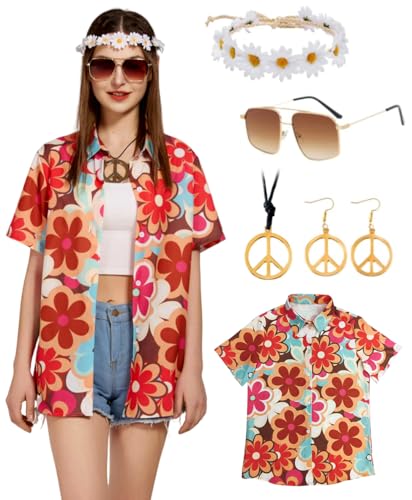 Hippie Oberteile Damen Hawaii Bluse Kostüm Set Flower Power Hemd Frauen Vintage Outfit Shirt 70er Bekleidung Lässig Retro Tops Karneval Faschingskostüm (Orange, XXL)