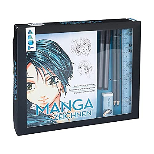 Kreativ-Set Manga zeichnen: Buch mit Manga-Grundkurs (32 Seiten, 14 x 21 cm, Softcover) sowie Zeichenmaterial: Mangapapierblock A5 (20 Blatt, mit ... 2 Bleistifte (HB/ 2B), Radiergummi, Lineal