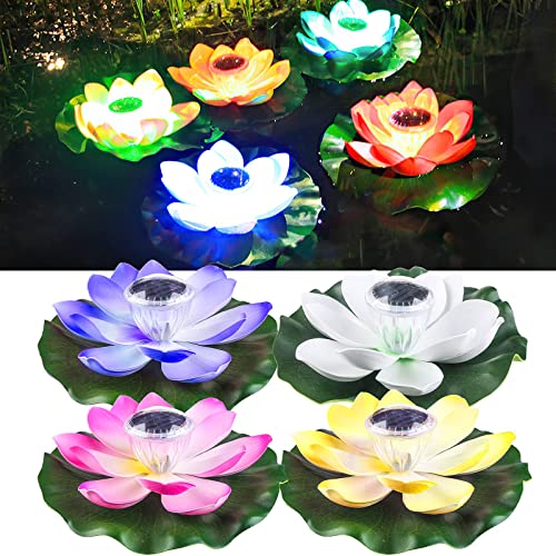 4 Stück Schwimmende Lotuslichter, LED Wasserdichte Solar Schwimmende Blumen, Farbwechselbare Mehrfarbige Teichlichter, Rasenlichter, Poollichter (Farbe)