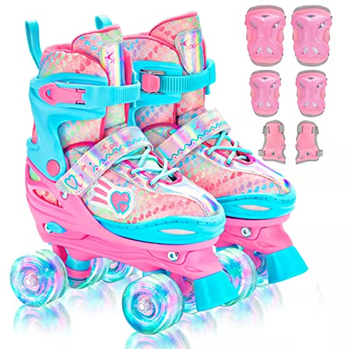 Rollschuhe Kinder Verstellbar Mädchen Rollerskates, Größe 30-33/34-37 Mit 6er Kinder Protektoren Set und Led Leuchtenden Rädern für Mädchen Pink