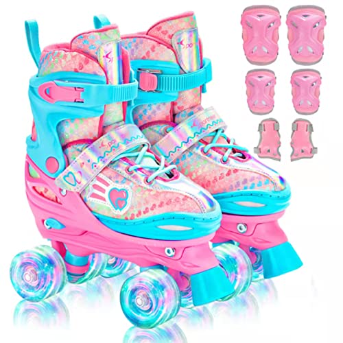 Rollschuhe Kinder Verstellbar Mädchen Rollerskates, Größe 30-33/34-37 Mit 6er Kinder Protektoren Set und Led Leuchtenden Rädern für Mädchen Pink
