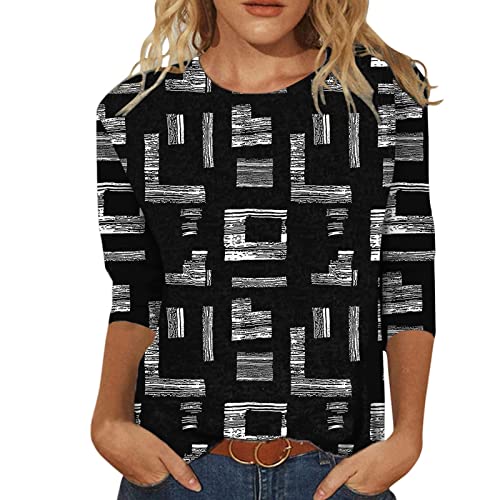 Bluse Damen Elegant Damen T-Shirt 3/4 Arm Oberteile Tops Bunte Blumenmuster Druck Tunika Shirt Lose Rundhals Sommershirts Mode Damenblusen Langarm Blumen Bluse Tshirt, 5#schwarz, XXL