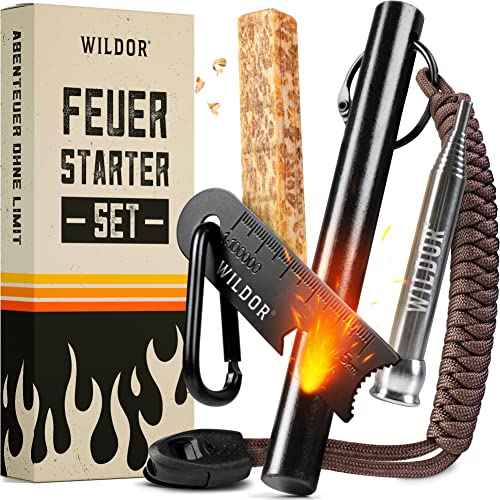 WILDOR XXL Feuerstahl Outdoor | Feuerstein Survival, Extrem Starker Funkenflug [Magnesium Feuerstarter mit Paracord, Notfallpfeipfe, Zunder und Blasrohr] Firestarter Set