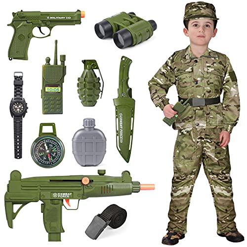 vamei 13stk. Militär Kostüm Kinder Armee Uniform Soldaten Kostüm für Kinder Armee Kostüm Militär Anzug Kinder mit Walkie-Talkie Maschinenpistole Militärspielzeug Tarnmütze für Kinder Junge 6-7 Jahre