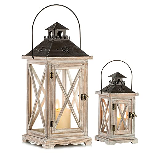 Romadedi Laterne Holz Groß Holzlaternen - Windlicht Gartenwindlicht 2 Stück Set, Rustikale Landhaus Kerzenständer für Kerzen Vintage Hochzeit Weihnachten Tischdeko Innen und Draußen Deko 28cm/48cm