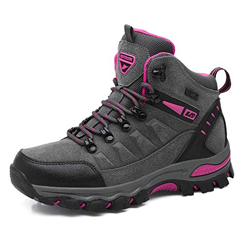 WOWEI Wanderstiefel Wanderschuhe wasserdichte Outdoor Sportlich Gleitsicher Bequem Leicht Bergstiefel Trekking Schuhe Damen Herren Wanderhalbschuhe, Grau Rosa Rot-1, 36 EU