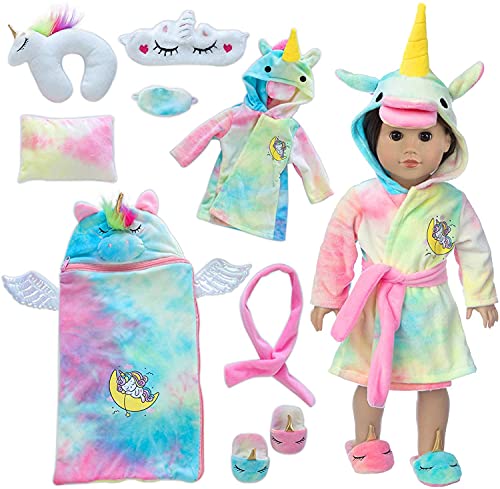 ZITA ELEMENT Puppenkleidung 43-46 cm mit Einhorn-Nachthemd, Passenden Pyjama-Masken und Kissen Puppenzubehör als Beste Geschenke zu Schenken