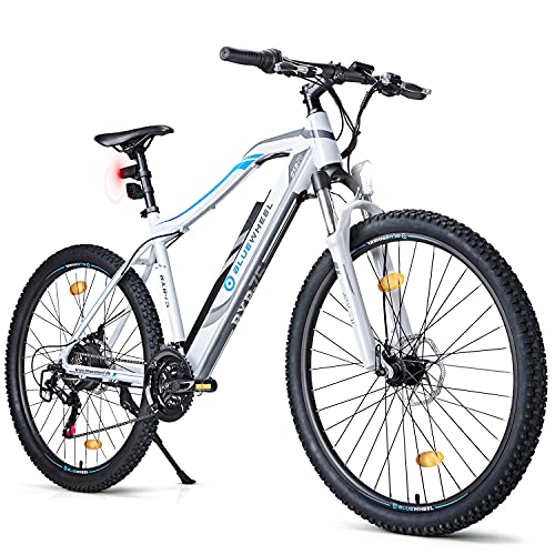 BLUEWHEEL E-Bike 27,5“ & 29“ I Deutsche Qualitätsmarke | EU-konform Offroad E-Mountainbike 21 Gänge & Hinterradmotor für 25 km/h bis zu 150 km |Fahrrad mit MTB Federgabel, App, LED Licht | BXB75 Ebike