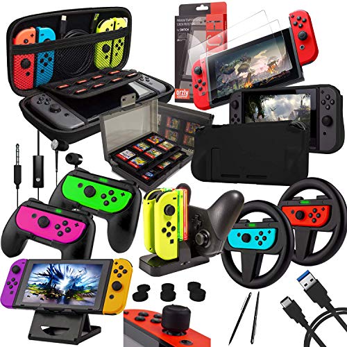 Switch Accessories Bundle - Orzly Geek Pack for Nintendo Switch: Case & Screen Protector, Joycon Grips & Racing Wheels, Switch Tablet & Controller Charge Docks & More [15in1] Black