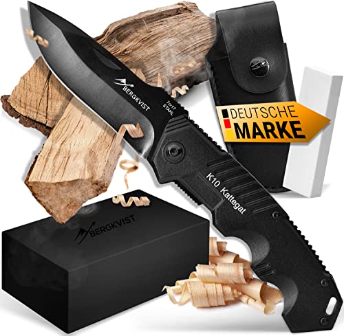 BERGKVIST® K10 Klappmesser (Zweihandmesser) - scharfes Taschenmesser für Outdoor & Survival mit Schleifstein & Tasche - Mitführen in Deutschland erlaubt