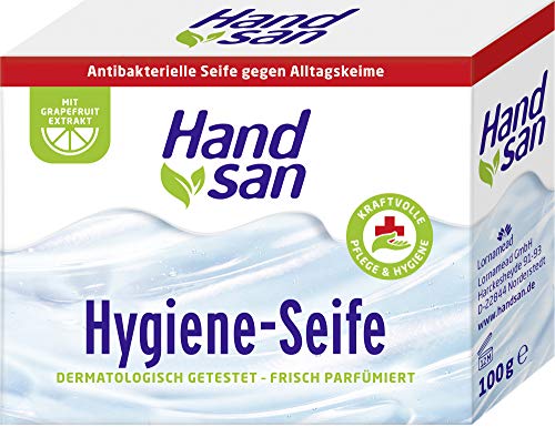 Hand san Hygiene-Seife, 100 g, antibakterielles Seifenstück, wirksam gegen Keime, feste Seife für kraftvolle Pflege & Hygiene, mit Grapefruit Extrakt, dermatologisch getestet