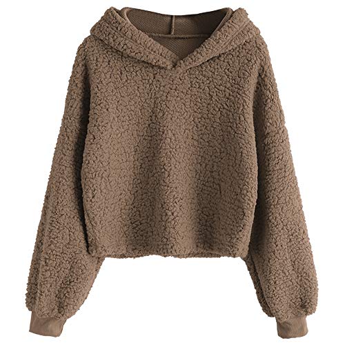 ZAFUL Damen Hoodie einfarbig Langarm Pullover Lockerer Kunstpelz Sweatshirt Kurzes Oberteil Kaffee M
