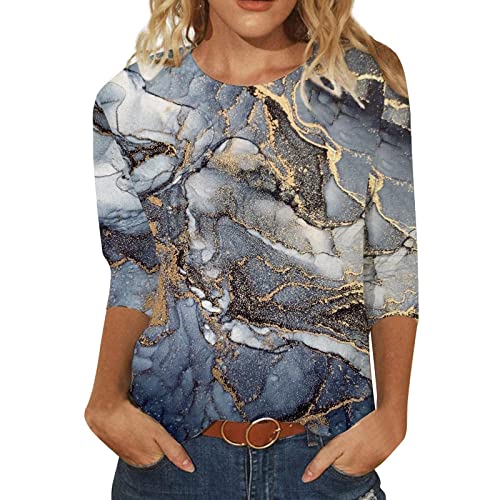 Bluse Damen T-Shirt 3/4 Arm Oberteile Tops Bunte Blumenmuster Druck Tunika Shirt Lose Rundhals Sommershirts Mode Damenblusen Langarm Blumen Bluse Tshirt (L), Grau5