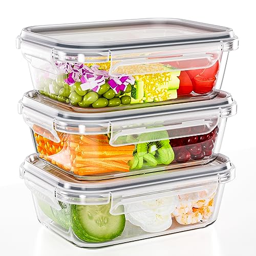 TUSEASY Frischhaltedosen Glas mit Deckel, 1040ml Meal Prep Boxen 3er-Set, Tupperdosen Set Glasbehälter Glasschüssel Lunchbox Glas Vorratsdosen Luftdicht Aufbewahrungsbox Küche