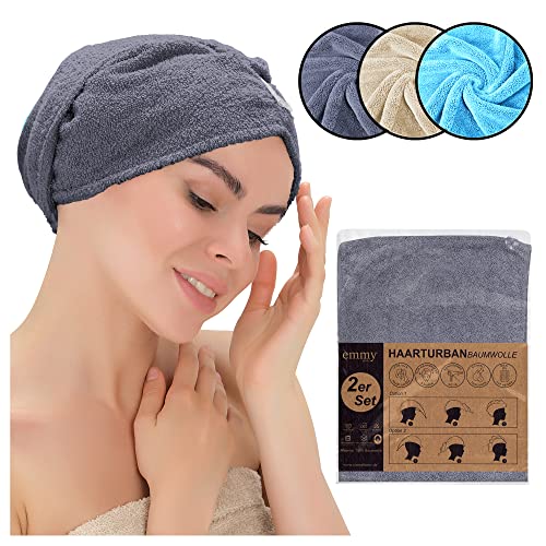 Emmy Home Haarturban - 100% Baumwolle 2 Stück Haartuch schnelltrocknend, Turban Handtuch Haare mit knopf haarhandtuch Hair Towel Haar (2er Set Ant)