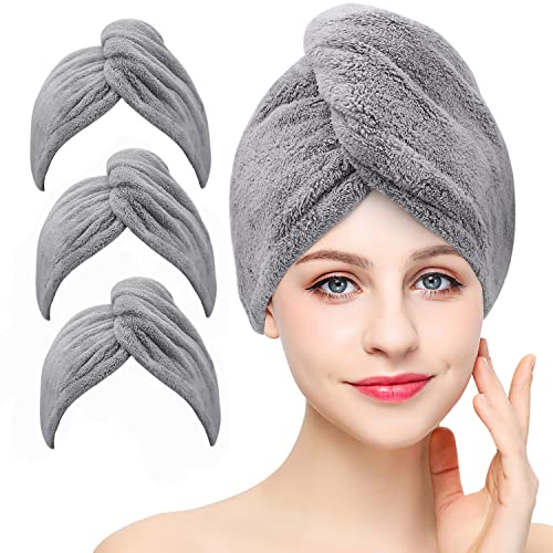 Laicky 3 Stück Mikrofaser-Handtuch zum Haartrocknen, super saugfähig, gedrehter Turban, schnell trocknende Haarkappen mit Knöpfen, Badeschlaufe, Befestigung für Salon, trockene Haare (grau)