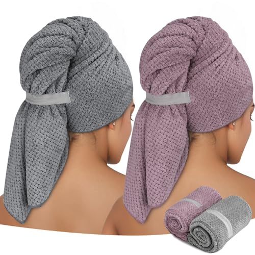 ytorgr 2 Stück Mikrofaser Handtuch für Langes Haar/ 100 x 60 cm Premium Haarturban mit Elastischem Band/Schnell Trocknend Super Saugfähig