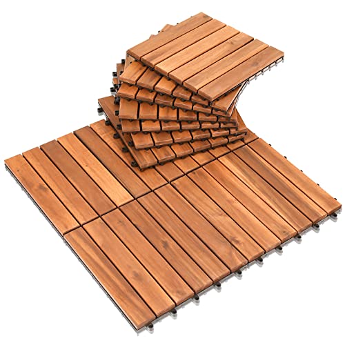 Ikodm Holzfliesen Terrassenfliesen Klickfliesen, 55x Platten Balkon Fliesen Garten 5m² 30x30 cm Holz Akazie Mosaik, 6 Slatte, für Terrassen und Balkon