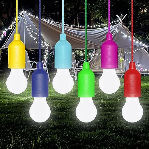 6 Stück Campinglampe, Light LED Camping, mit Zugschalter, Batteriebetrieben Tragbare LED Lampen, Zeltlampe Glühbirne, für BBQ, Camping, Zelt, Garten, Party Dekoration(Kaltweiß 6000K)