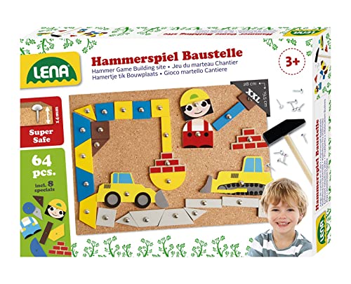 Lena 65828 Hammerspiel, Nagelspiel mit 64 bunten 8 Baustellen Teilen, Grundplatte aus Kork ca. 28 x 19,5 cm, Hammer und Nägel, Klopfspiel für Kinder ab 3 Jahre, Hämmerchenspiel, Mehrfarbig
