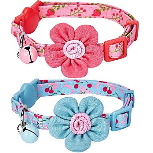 Blueberry Pet Doppelpack Süßes Kirsch- und Blumenmuster Verstellbares Breakaway Katzenhalsband mit Blüte & Glöckchen