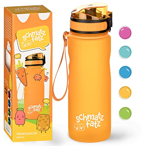 schmatzfatz Trinkflasche Kinder Auslaufsicher - 500ml, Orange - Trinkflasche Kohlensäure geeignet, Wasserflasche BPA frei mit 1-Klick Verschluss - Kinderflasche für Kindergarten und Schule