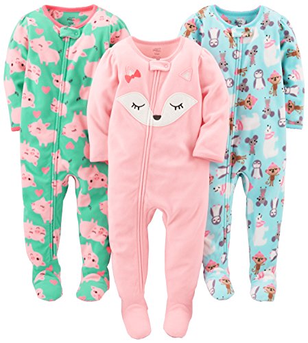 Simple Joys by Carter's Baby Mädchen Pyjamamit Füßen aus Flammenfestem Fleece, Lockerer Schnitt, 3er-Pack, Eisbär/Schweinchen/Fuchs, 18 Monate