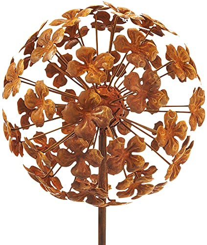 Kobolo Gartenstecker Dekostecker Blume Flower Ball aus Metall in Naturrost H 110 cm