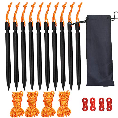 JTENG Heringe Zeltheringe 10 Stck Sandheringe Aluminium Zeltheringen 18cm & 4 Stck Leuchtend reflektierend Abspannseile Seil 4m & Tasche für Wandern Strand Bergsteigen Camping Außen (Black)