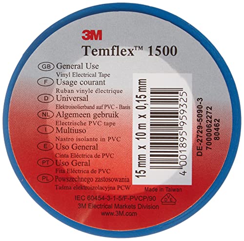 3M Temflex TBLA1510 Temflex 1500 Vinyl Elektro-Isolierband, 15 mm x 10 m, 0,15 mm, Blau