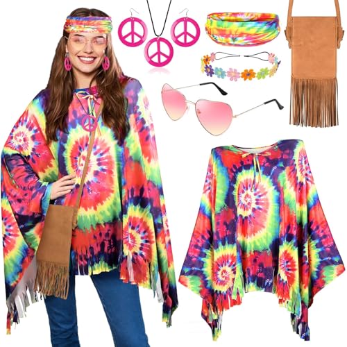 iZoeL Hippie Kostüm Damen, 70er 80er Jahre Kostüm Hippie Poncho Oberteil Bluse Kleid Batik Stirnband Peace Halskette Orringe Brille Tasche, Damen 70er Jahre Bekleidung Karneval Fasching Mottoparty