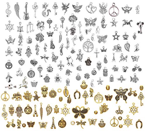 LABOTA 150 Stücke Charm Anhänger zum Schmuck Basteln Armband Halskette Ohrring Gemischte Charms, Antik Silber&Bronze