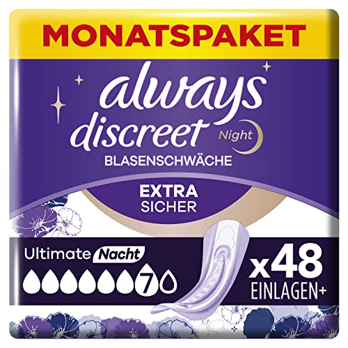 Always Discreet Inkontinenzeinlagen Plus Ultimate Nacht, 48 Binden (4 x 12 Stück) für Damen, starker Schutz, den Sie kaum spüren
